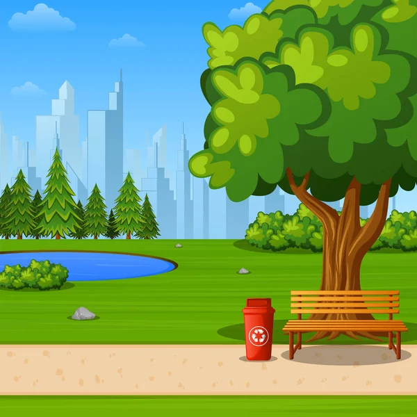 City Park Bench Big Tree City Background — Stock Vector