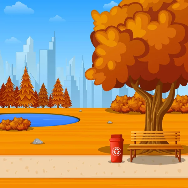 Осенний Городской Парк Скамейкой Большим Деревом Городским Фоном — стоковый вектор