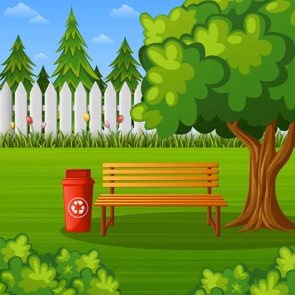 Green Park Wooden Bench Trash Bin — Stock Vector