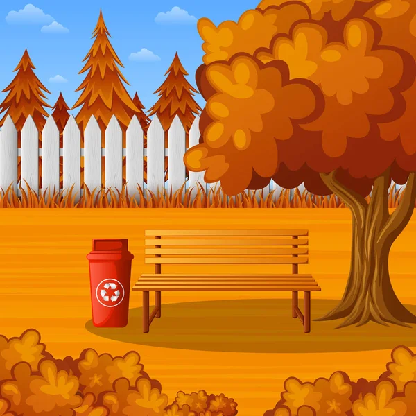Скамейка Осеннем Парке Деревом Мусорным Баком — стоковый вектор