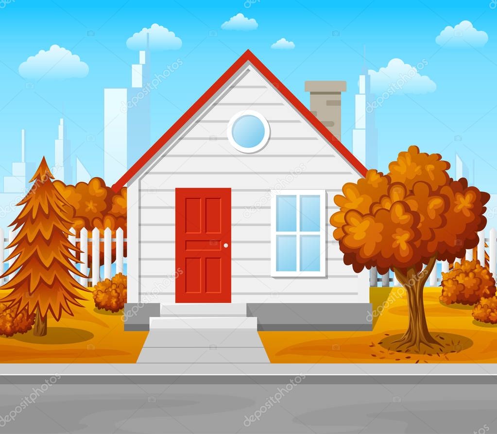 Suburban house with autumn tree and city background