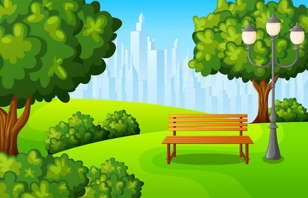 City Park Bench Green Tree Town Buildings — Stock Vector