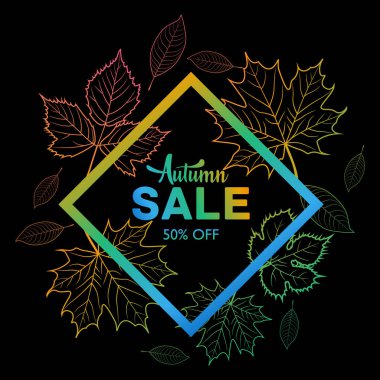 Renkli çerçeve ve anahat sonbahar yaprakları ile sonbahar satışı büyük başlığı