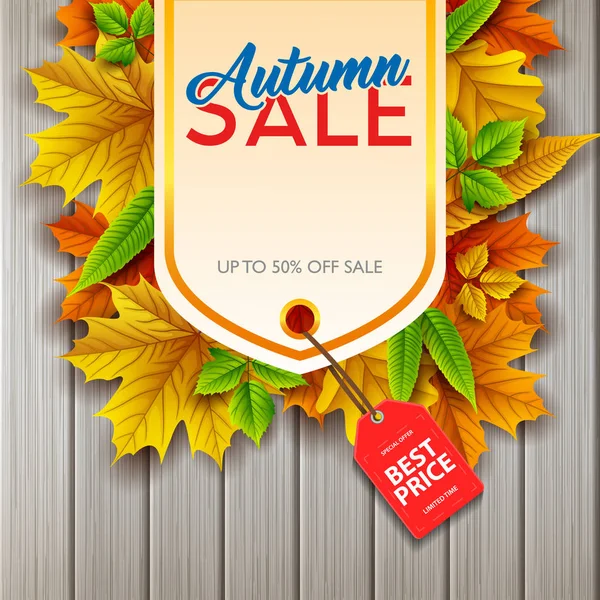 Herbst Verkauf Banner Mit Bunten Herbstblättern Auf Holzbrett Hintergrund — Stockvektor