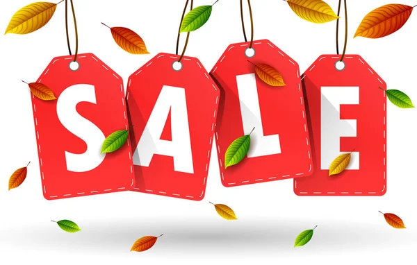 Hanging Red Sale Tag Labels Falling Leaves - Stok Vektor