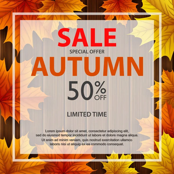Herbst Verkauf Banner Mit Bunten Blättern Auf Holz Hintergrund — Stockvektor
