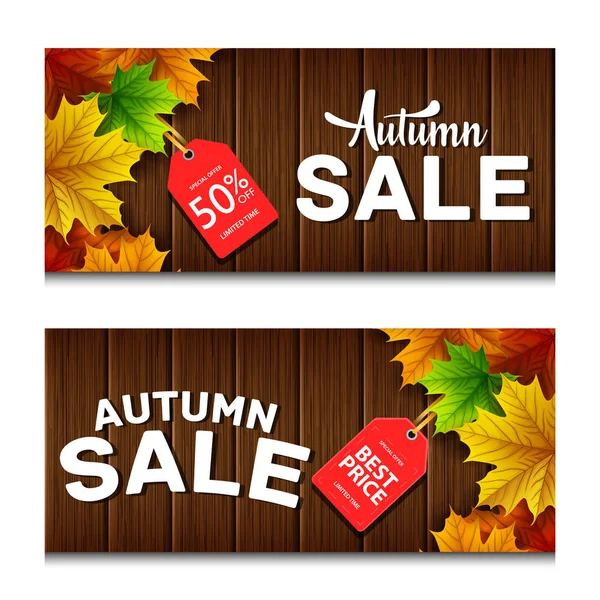 Banner Zum Herbstverkauf Mit Ahornblättern Und Roten Etiketten — Stockvektor