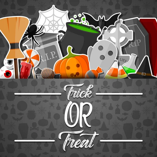 Halloween Banner Mit Flachen Symbolen Aufkleber Auf Schwarzem Hintergrund — Stockvektor