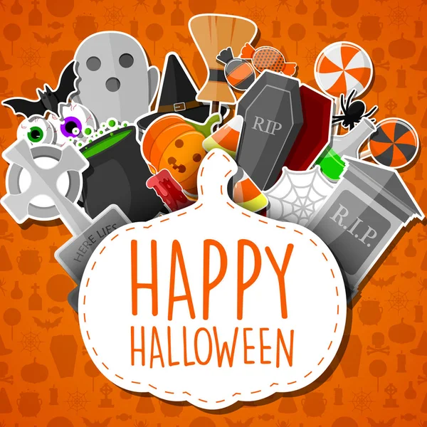 Banner Halloween Con Iconos Planos Pegatinas Sobre Fondo Naranja — Vector de stock