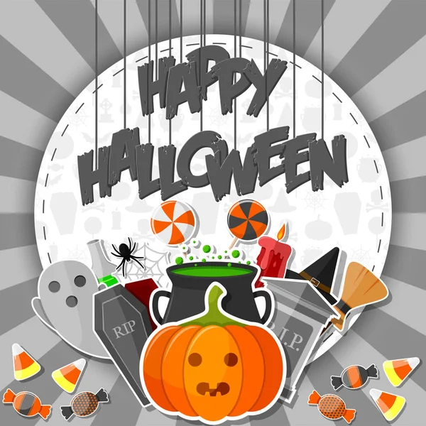 Feliz Banner Halloween Com Ícones Planos Adesivos Fundo Cinza — Vetor de Stock