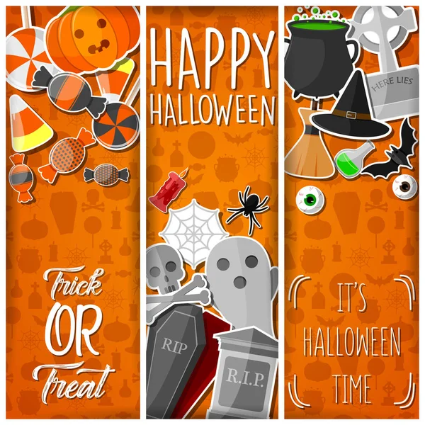 Halloween Bannerek Lapos Ikonok Matrica Narancssárga Háttér — Stock Vector