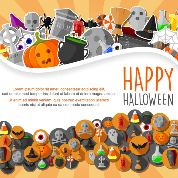 Banner Halloween Con Iconos Planos Pegatinas Sobre Fondo Naranja — Vector de stock