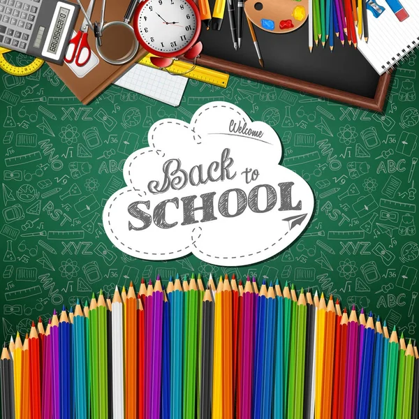 Hoşgeldiniz Geri Renkli Kalemler Ile Okul Okul Gereçleri Için — Stok Vektör