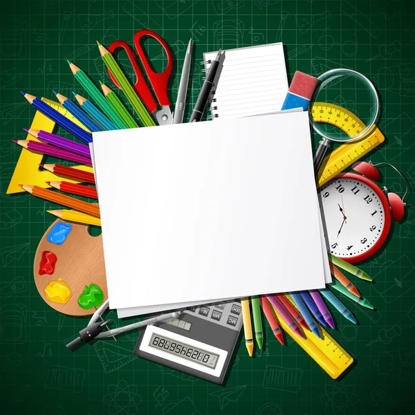 Vuelta Escuela Material Escolar Papel Blanco — Vector de stock