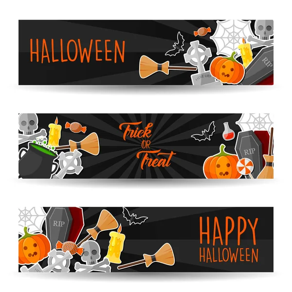 Banners Horizontales Halloween Con Símbolos Halloween — Vector de stock