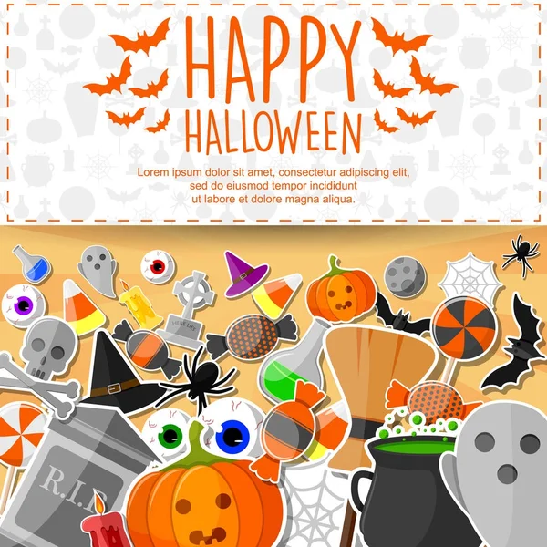 Banner Halloween Com Ícones Planos Adesivos Fundo Laranja — Vetor de Stock