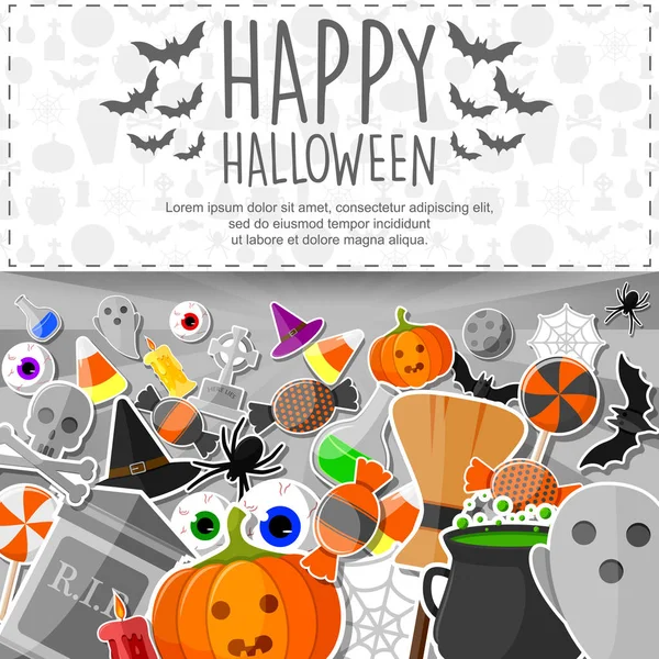 Banner Halloween Con Iconos Planos Pegatinas Sobre Fondo Gris — Archivo Imágenes Vectoriales