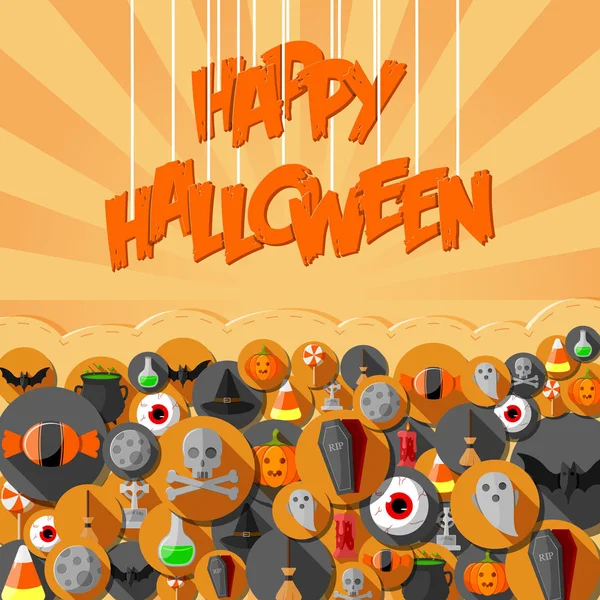 Flat Halloween Ícones Círculos Laranja Listrado Fundo Texturizado — Vetor de Stock