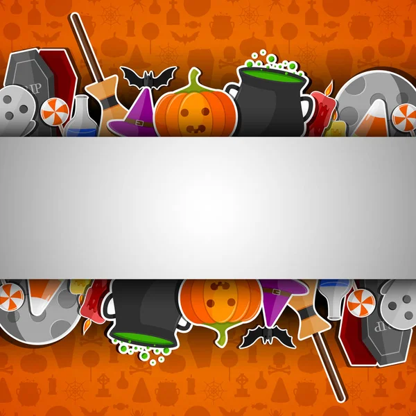 Halloween Banner Mit Flachen Symbolaufklebern Auf Orangefarbenem Hintergrund — Stockvektor