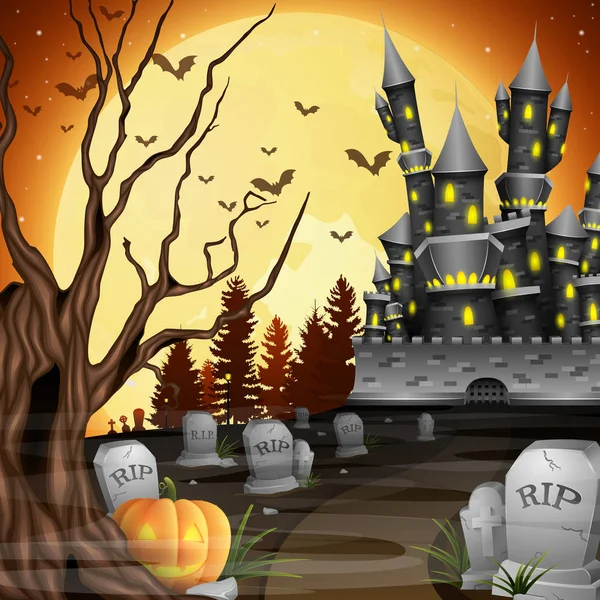 Halloween Fond Avec Château Citrouille Dans Cimetière — Image vectorielle