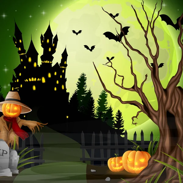 Fondo Halloween Con Espantapájaros Calabazas — Vector de stock