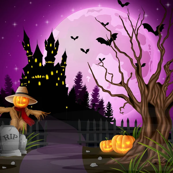 Fond Halloween Avec Épouvantail Citrouilles — Image vectorielle