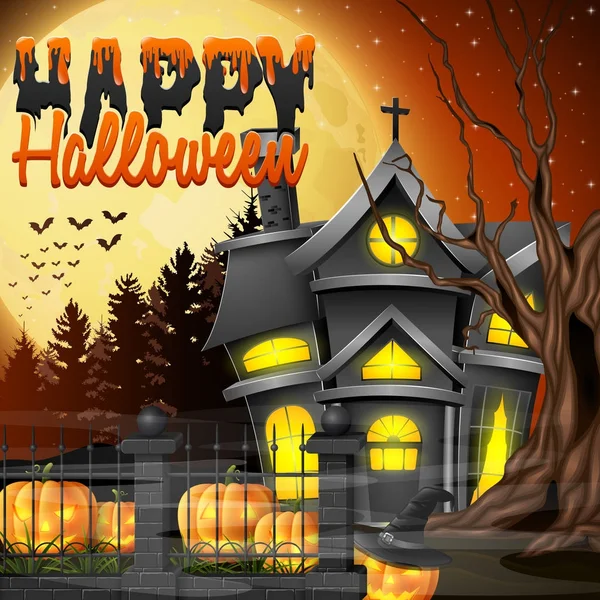 Sfondo Notte Halloween Con Chiesa Zucche Spaventose — Vettoriale Stock