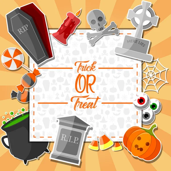 Halloween Banner Met Platte Pictogrammen Stickers Een Oranje Achtergrond — Stockvector