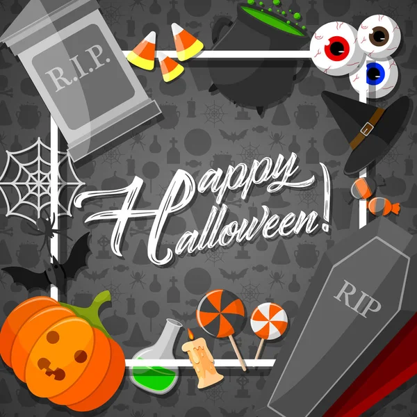 Halloween Banner Med Platt Ikoner Klistermärken Svart Bakgrund — Stock vektor
