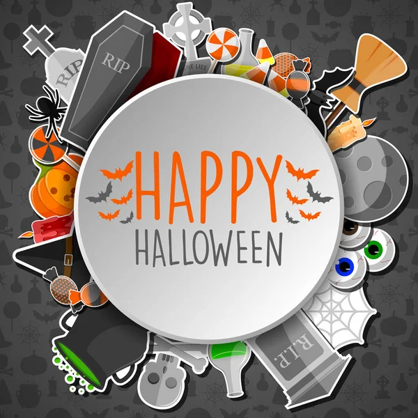 Feliz Halloween Rodada Banner Com Ícones Planos Adesivos Fundo Cinza — Vetor de Stock
