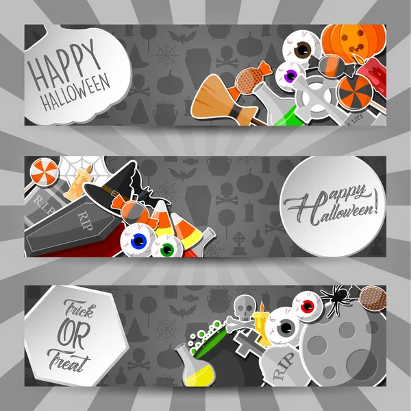 Halloween Horizontale Banner Mit Flachen Symbolen Aufkleber Auf Grauem Hintergrund — Stockvektor