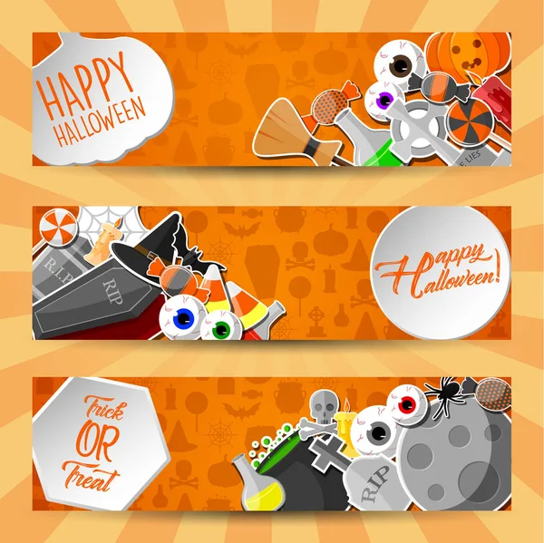 Halloween Horizontale Banner Mit Flachen Symbolen Aufkleber Auf Orangefarbenem Hintergrund — Stockvektor