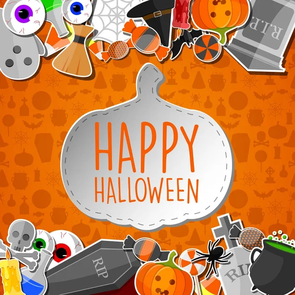 Banner Halloween Con Iconos Planos Pegatinas Sobre Fondo Naranja — Vector de stock