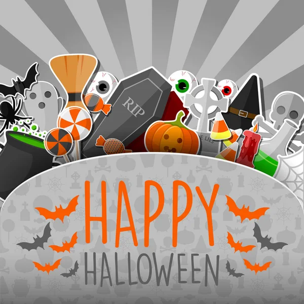 Banner Halloween Com Ícones Planos Adesivos Fundo Cinza — Vetor de Stock