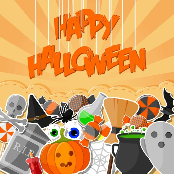 Banner Halloween Con Iconos Planos Pegatinas Sobre Fondo Naranja — Vector de stock