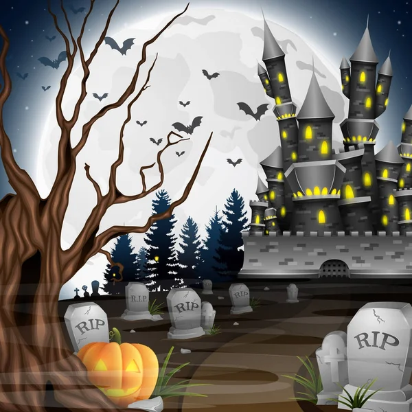 Fondo Halloween Con Castillo Calabaza Cementerio — Vector de stock