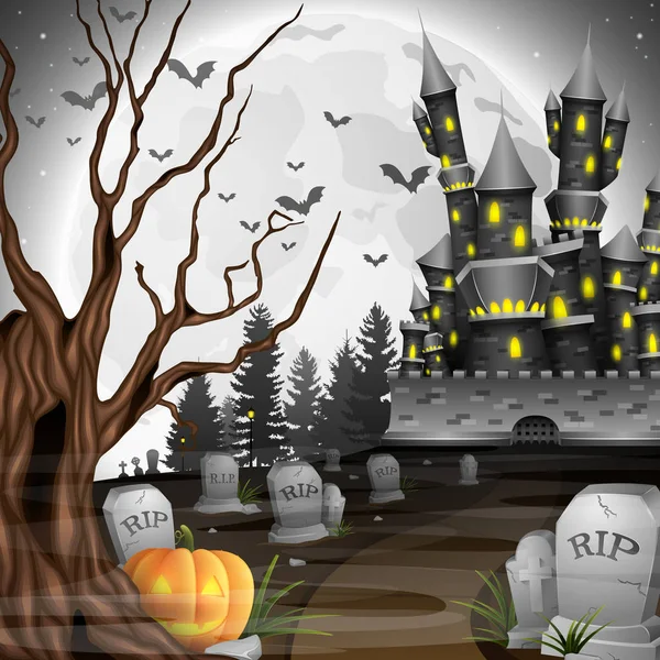 Halloween Háttér Vár Tök Temetőben — Stock Vector