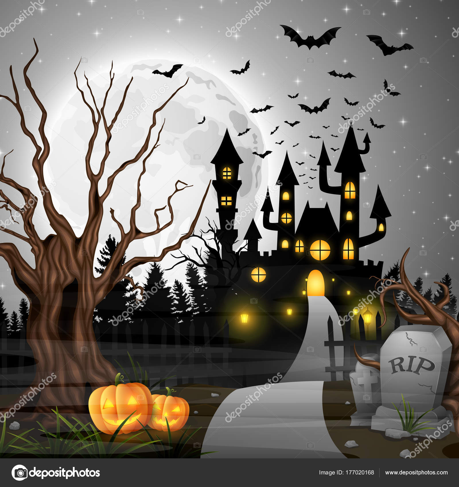 scary castle pumpkins bats woods stock vector dreamcreation01