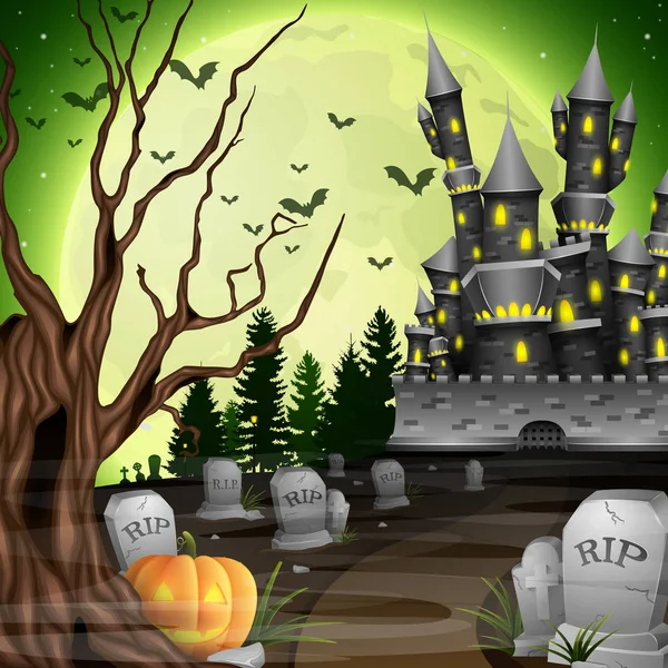 Fondo Halloween Con Castillo Calabaza Cementerio — Vector de stock