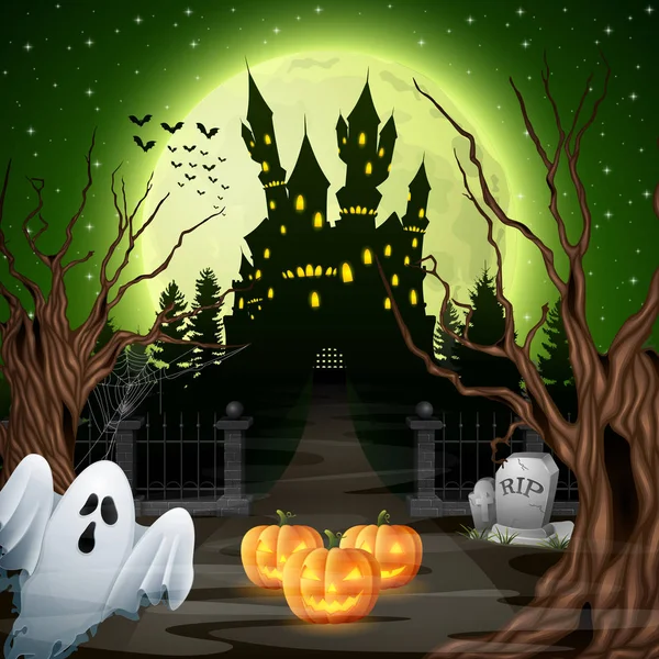 Scary Castle Ghost Pumpkins Woods — Stock Vector