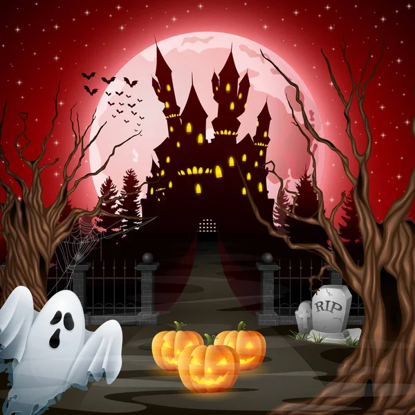 Castillo Miedo Con Fantasma Calabazas Bosque — Vector de stock