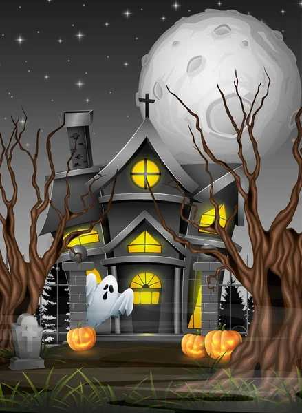 Fondo Halloween Aterrador Con Fantasma Iglesia — Vector de stock