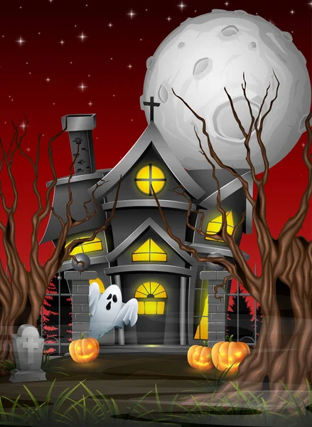 Fondo Halloween Aterrador Con Fantasma Iglesia — Vector de stock