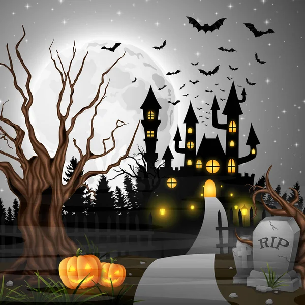 Scary Castle Pumpkins Bats Woods — Stock Vector