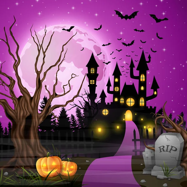 Scary Castle Pumpkins Bats Woods — Stock Vector