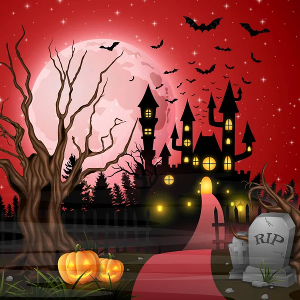 Scary Castle Pumpkins Bats Woods — Stock Vector