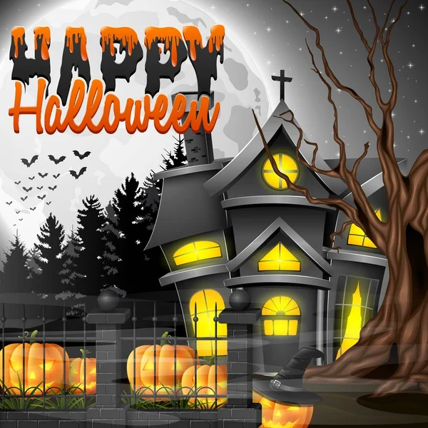 Halloween Night Tło Kościoła Przerażające Dynie — Wektor stockowy