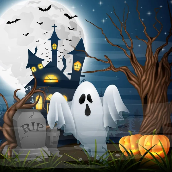 Scary Church Background Ghost Pumpkins — Stock Vector
