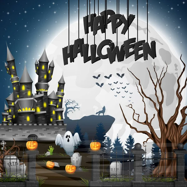 Fond Halloween Avec Cimetière Château — Image vectorielle