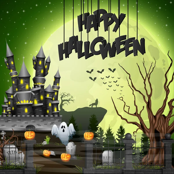 Fondo Halloween Con Cementerio Castillo — Vector de stock